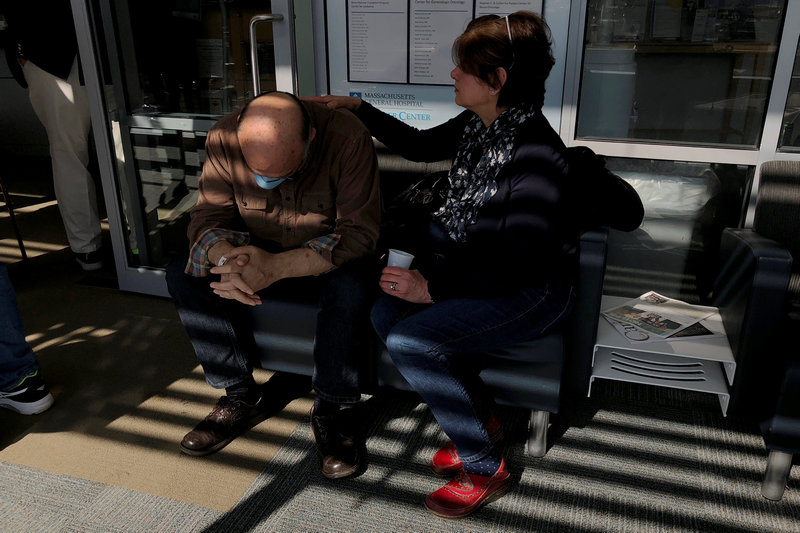 Patient Maziar Hashemi (left), who has the cancer Myelodysplastic syndrome, and his wife Fereshteh wait to meet with his transplant doctor at a hospital in Boston, Massachusetts March 26, 2018. u00e2u20acu201d Reuters pic 