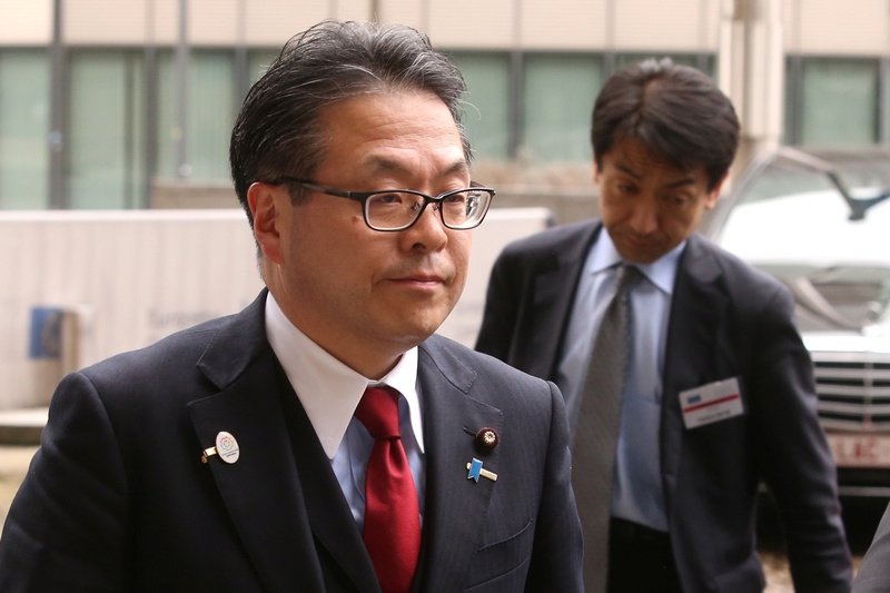 Japan's Minister of Economy, Trade and Industry Hiroshige Seko arrives at the European Commission headquarters to discuss steel overcapacity in Brussels, Belgium March 10, 2018. u00e2u20acu201d Reuters pic 
