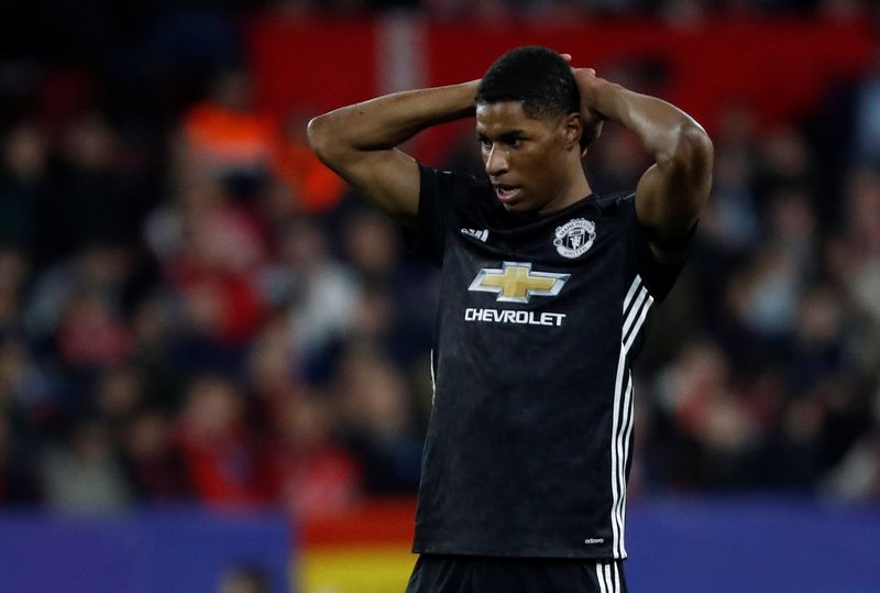 Manchester Unitedu00e2u20acu2122s Marcus Rashford looks dejected during their Champions League Round of 16 First Leg match against Sevilla at Ramon Sanchez Pizjuan, Seville, Spain, February 21, 2018. u00e2u20acu201d Reuters pic