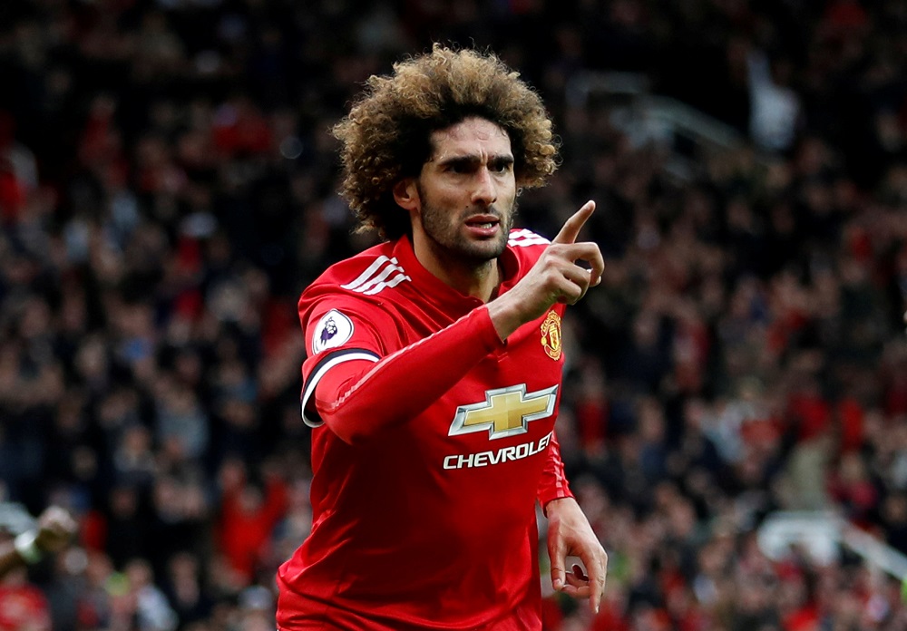 Manchester Unitedu00e2u20acu2122s Marouane Fellaini celebrates scoring their second goal against Arsenal at Old Trafford in Manchester April 29, 2018. u00e2u20acu201d Picture by Action images via Reuters 