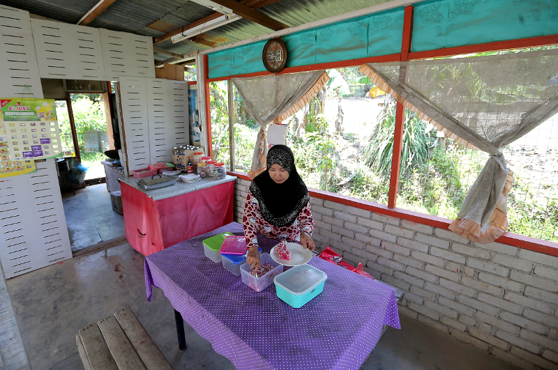 Some of the people in Sungai Siput venture into small business like hawking food, drinks, fruit and vegetable to make ends meet. Amy Nadia arranges food at her stall in Lintang.