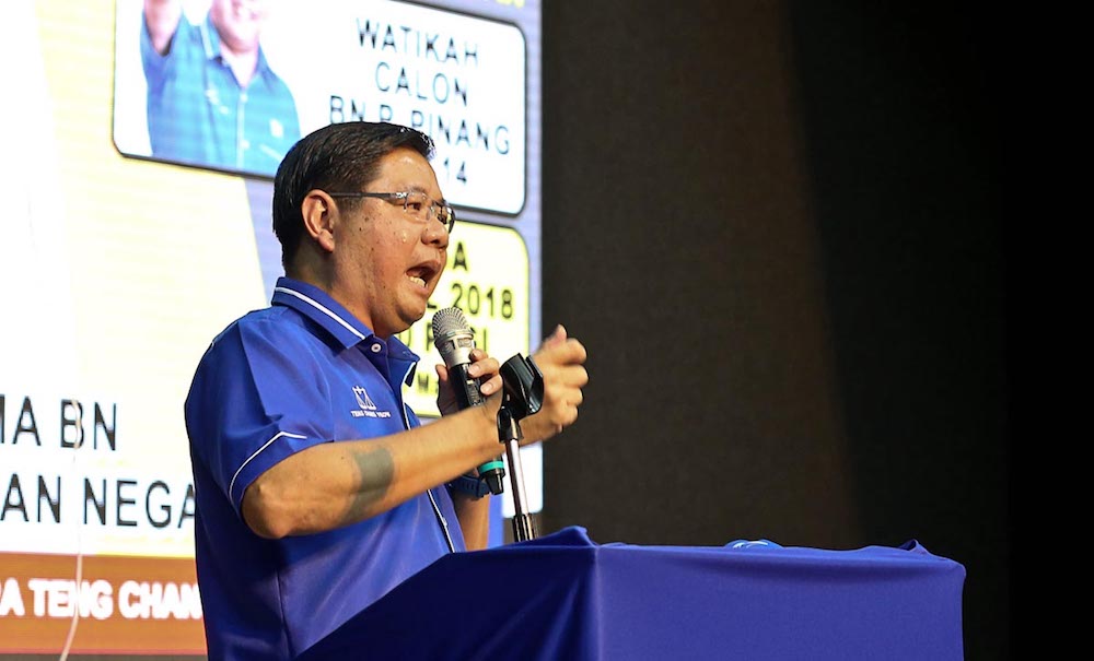 Penang Barisan Chairman Teng Chang Yeow gives a speech during the announcement of the candidate for the upcoming General Election at Gerakan Headquarters. u00e2u20acu201d Picture by Sayuti Zainudin