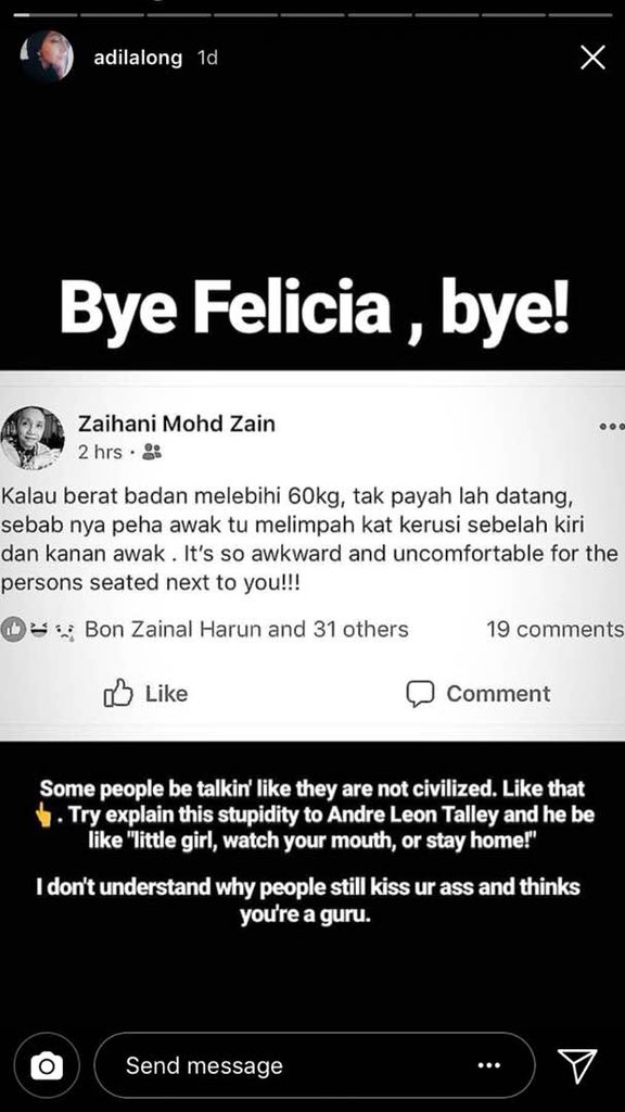 Adila slammed Zaihani on Instagram story.