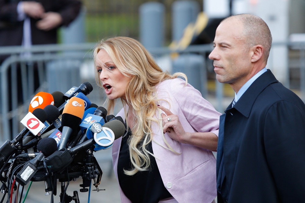 Adult film actress Stephanie Clifford, also known as Stormy Daniels, speaks to media along with lawyer Michael Avenatti outside federal court in the Manhattan borough of New York City April 16, 2018. u00e2u20acu201d Reuters pic