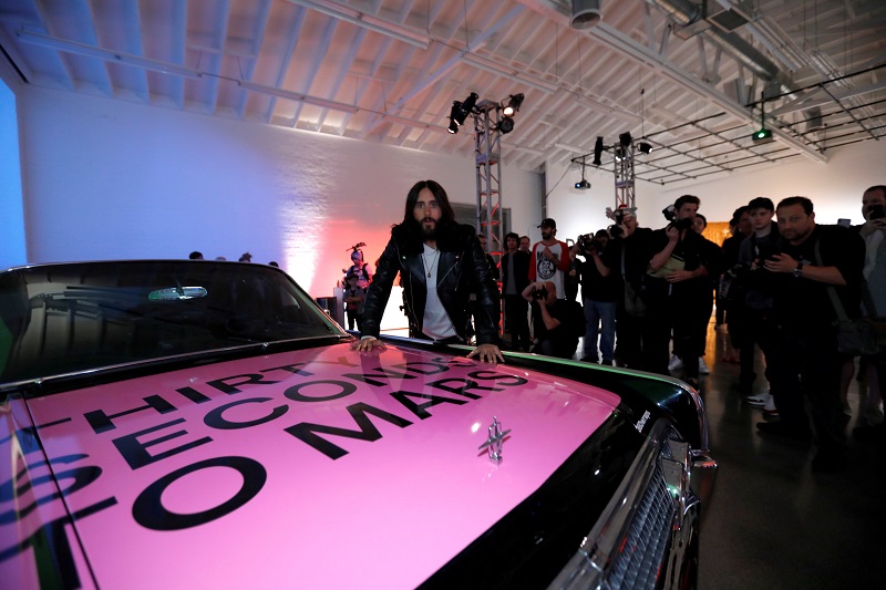 Lead singer of Thirty Seconds to Mars Jared Leto attends a launch party for the album 'America' at a pop-up museum called 'Museum of America' in Los Angeles, April 6, 2018. — Reuters pic 