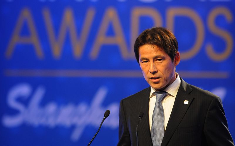 File picture shows Akira Nishino of Japan giving a speech after winning the Asian Football Confederation Coach of the Year award in Shanghai in 2008. Japan named him as its new national football manager on April 9, 2018. — AFP pic
