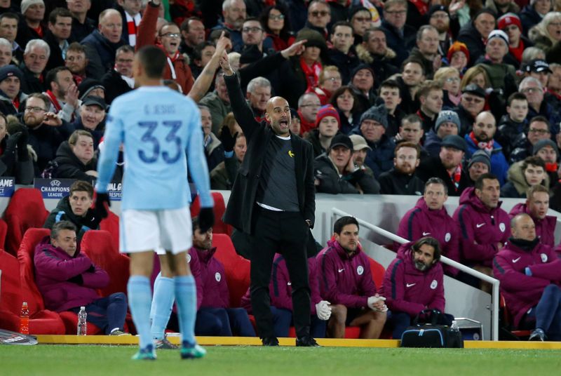 Manchester City manager Pep Guardiola gestures during the game against Liverpool at Anfield April 5, 2018. ― Reuters pic