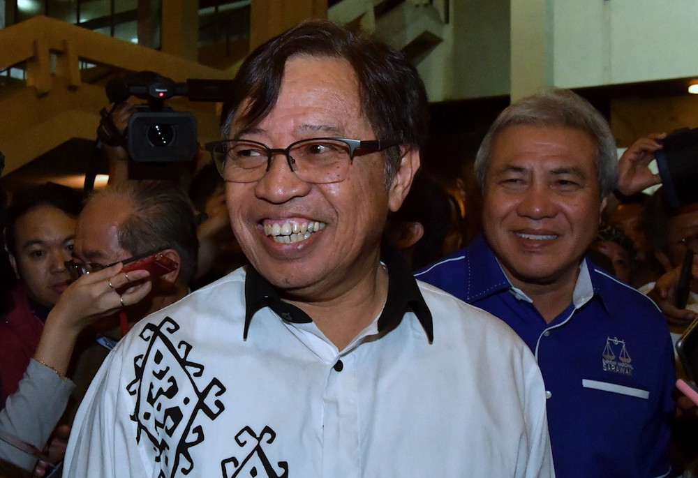 Sarawak BN chairman Datuk Abang Johari Openg is all smiles after BN won 19 out of 31 Parliamentary seats contested in Sarawak, May 10, 2018. u00e2u20acu201d Bernama pic