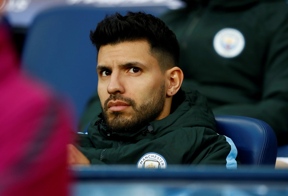 Manchester Cityu00e2u20acu2122s Sergio Aguero on the substitutes bench during the match against Liverpool at the Etihad Stadium in Manchester April 10, 2018. u00e2u20acu201d Picture by Action Images via Reuters 