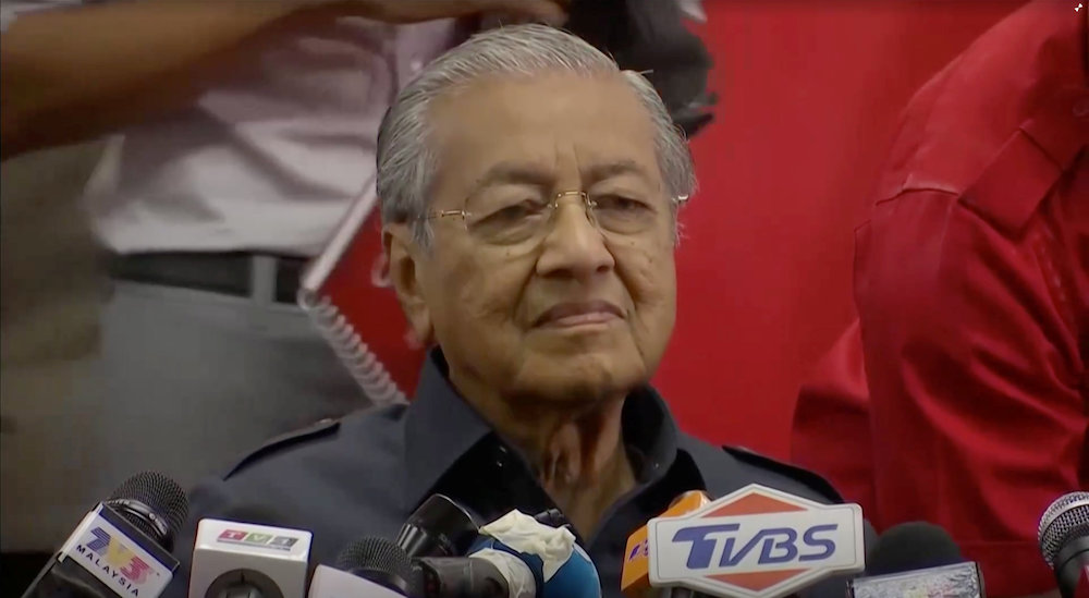 Malaysiau00e2u20acu2122s newly elected Prime Minister Tun Dr Mahathir Mohamad attends a news conference in Menara Yayasan Selangor in Petaling Jaya May 12, 2018 in this picture grab taken from video. u00e2u20acu201d Reuters pic