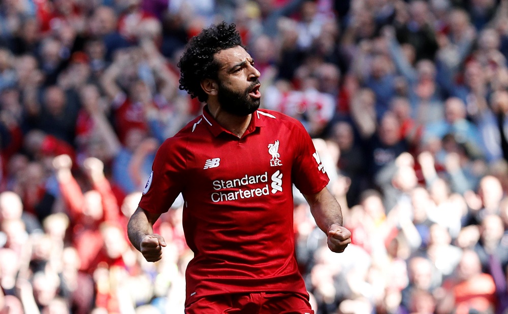Liverpoolu00e2u20acu2122s Mohamed Salah celebrates scoring their first goal against Brighton and Hove Albion  at Anfield in Liverpool May 13, 2018. u00e2u20acu201d Reuters pic