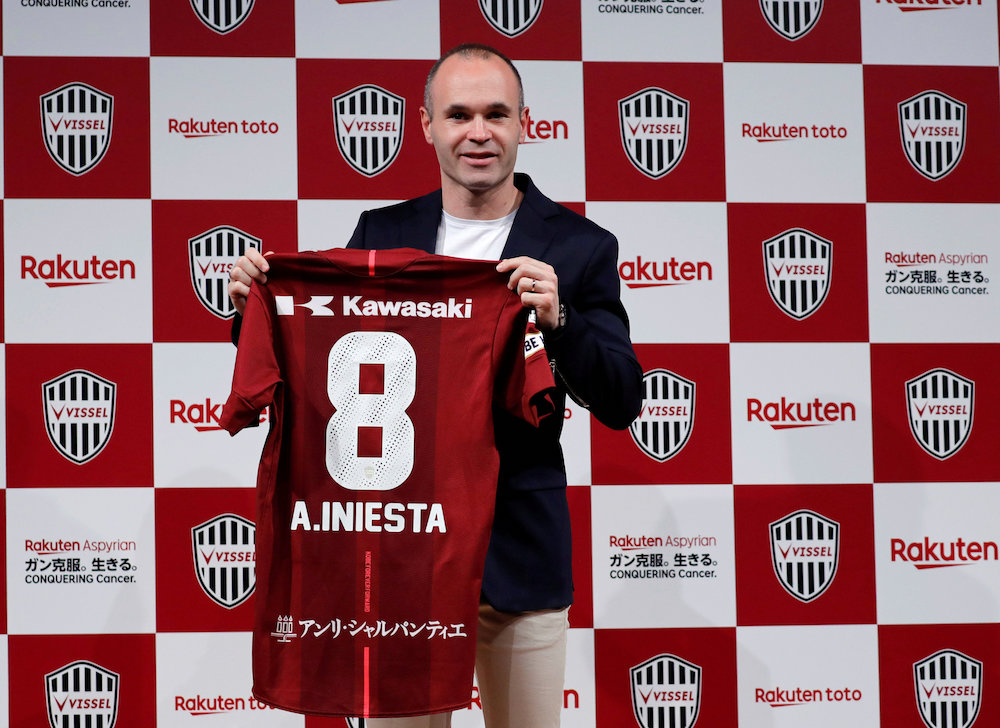 Spain midfielder Andres Iniesta poses with his new team jersey at a news conference to announce signing for J-League side Vissel Kobe in Tokyo May 24, 2018. u00e2u20acu201d Reuters pic