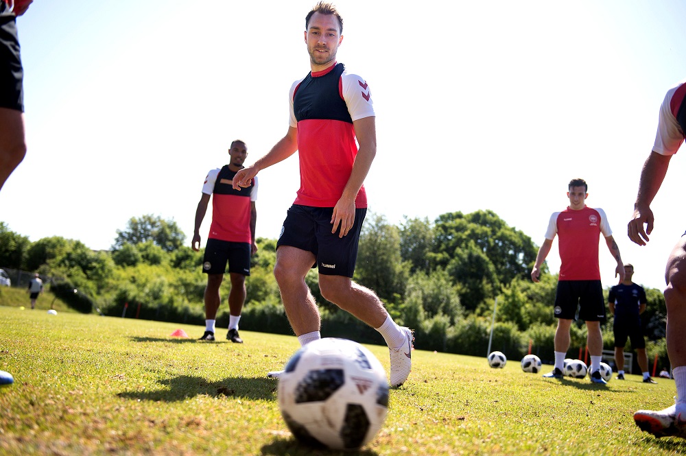 Christian Eriksen (centre) during the Danish World Cup preliminary squad's training session in Elsingoer in Denmark May 24, 2018. u00e2u20acu201d Picture by Ritzau Scanpix Denmark via Reuters