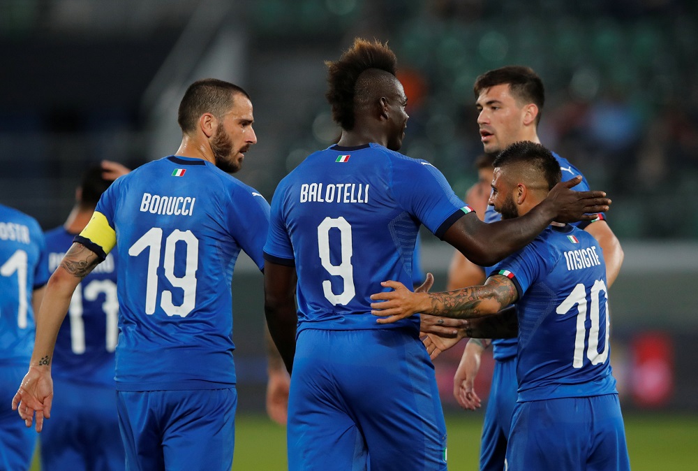 Italy's Mario Balotelli celebrates scoring their first goal against Saudi Arabia with team mates at St. Gallen in Switzerland May 28, 2018. u00e2u20acu201d Reuters pic