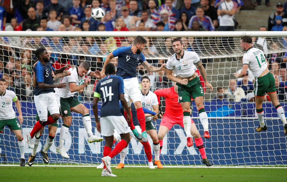 Franceu00e2u20acu2122s Olivier Giroud in action with Republic of Ireland's Shane Duffy at the Stade de France in Paris May 28, 2018. u00e2u20acu201d Reuters pic
