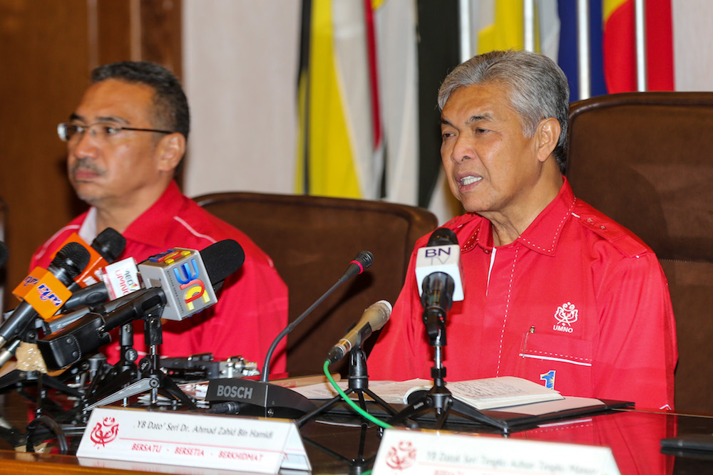 Datuk Seri Zahid Hamidi speaks to the media after an Umno supreme council meeting in Kuala Lumpur May 22, 2018. u00e2u20acu201d Picture by Ahmad Zamzahuri