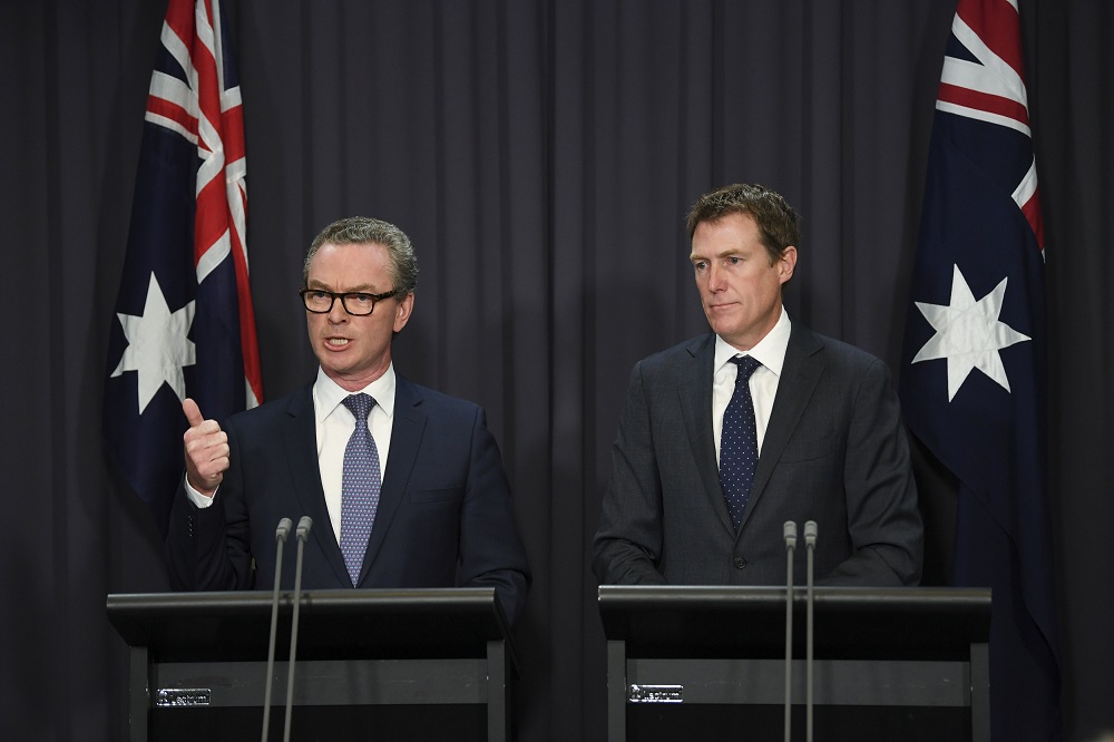 Australian Attorney-General Christian Porter and the Leader of the House Christopher Pyne speak to the media during a news conference at Parliament House in Canberra, Australia, May 9, 2018. u00e2u20acu201d Reuters pic