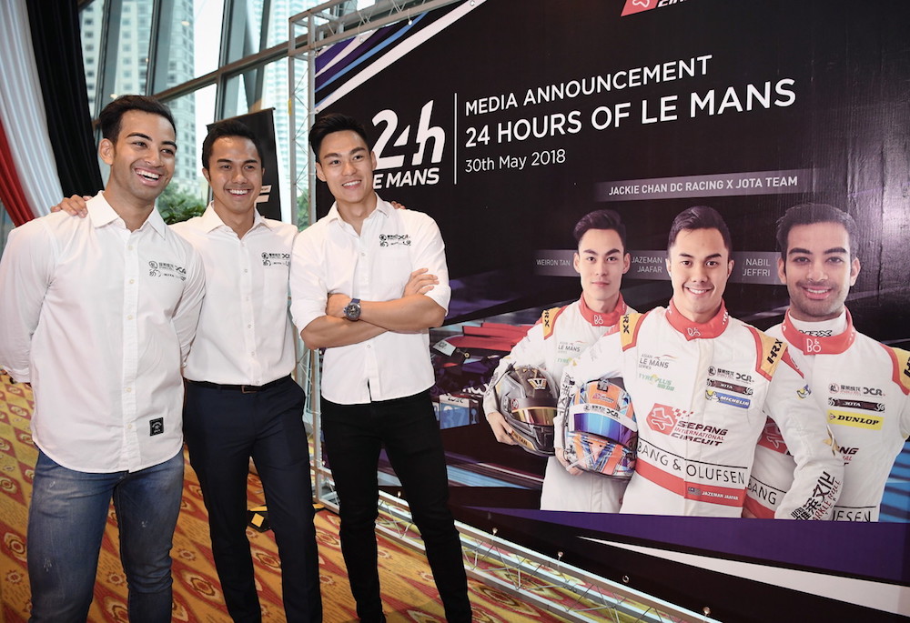 Jackie Chan Racing X Jota Team drivers Nabil Jeffri, Jazeman Jaafar and Weiron Tan pose for pictures in Kuala Lumpur May 30, 2018. u00e2u20acu201d Bernama pic