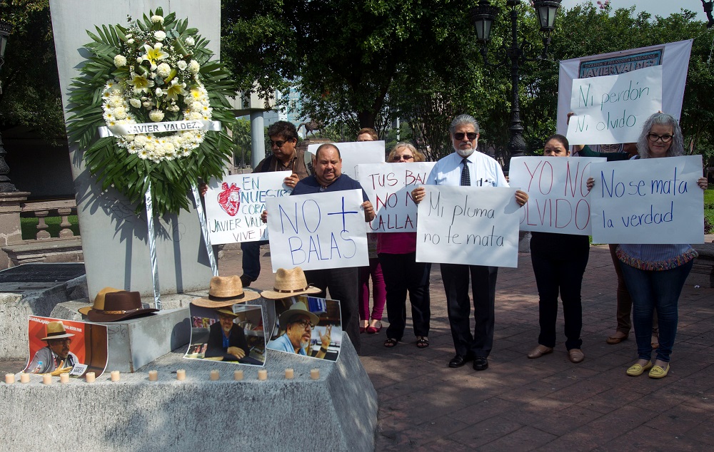 Journalists from the state of Nuevo Leon pay tribute to slain journalist Javier Valdez, on the first anniversary of his murder, in Monterrey, Nuevo Leon, Mexico, on May 15, 2018. u00e2u20acu201d AFP pic 