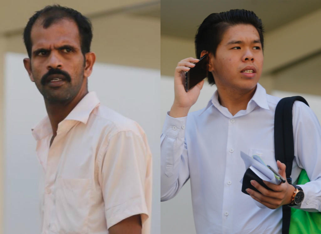 (Left) Sathappan Anbarasan, 33, and Ho Jun Wei, 17, at the State Courts on Thursday, May 24, 2018. u00e2u20acu201d TODAY pic