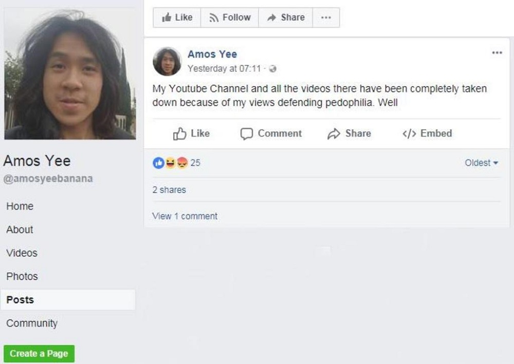 Amos said on his Facebook page that his YouTube channel has been taken down. u00e2u20acu201d TODAY pic