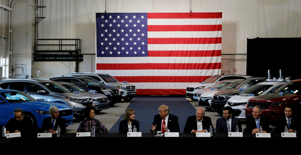 US President Donald Trump (centre) talks with auto industry leaders, including GM CEO Mary Barra (fourth left) and UAW president Dennis Williams (fourth right) in Ypsilanti Township, Michigan March 15, 2017. u00e2u20acu201d Reuters pic