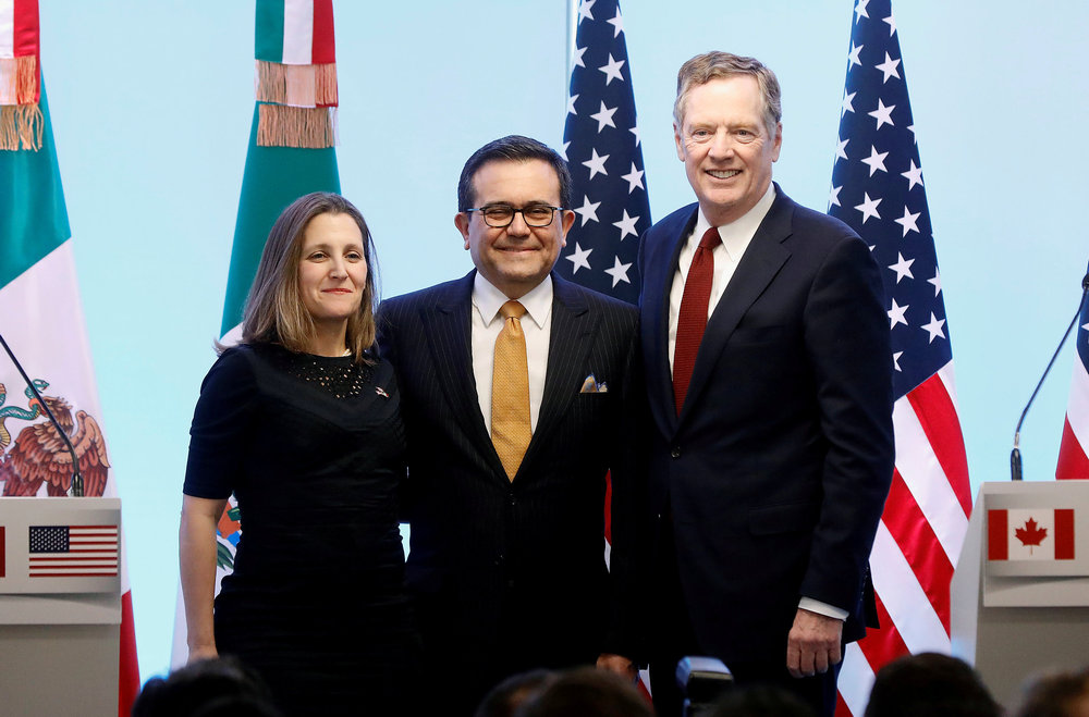 (From left) Canadian Foreign Minister Chrystia Freeland, Mexican Economy Minister Ildefonso Guajardo and US Trade Representative Robert Lighthizer during a news conference in Mexico City March 5, 2018. u00e2u20acu201d Reuters pic