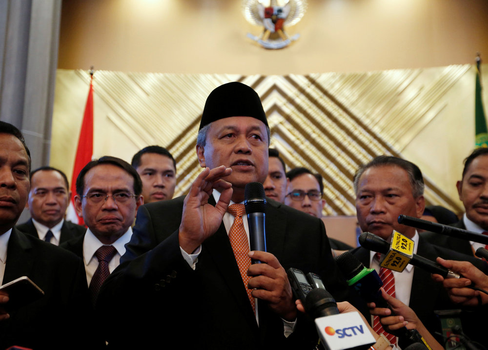 Perry Warjiyo, Indonesia's new central bank governor, speaks to members of the media following his inuaguration in Jakarta May 24, 2018. u00e2u20acu201d Reuters pic 