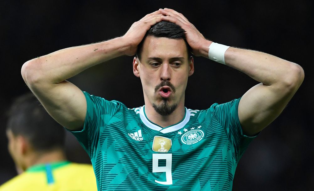 Germanyu00e2u20acu2122s striker Sandro Wagner reacts during the international friendly football match between Germany and Brazil in Berlin, on March 27, 2018. u00e2u20acu201d AFP pic
