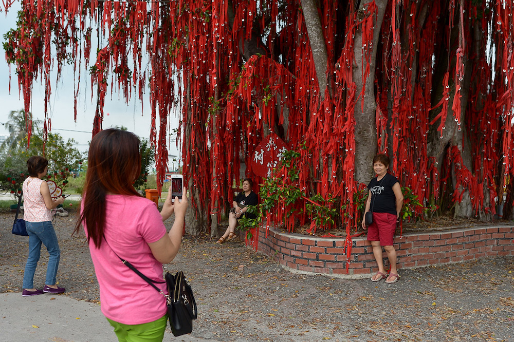 Visitors take pictures at the wishing tree, one of the places of interest at Pantai Redang in Sekinchan. — Picture by Mukhriz Hazim