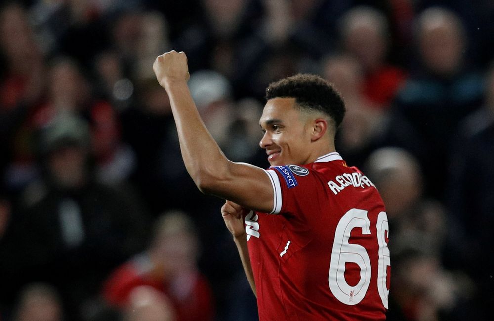 Liverpoolu00e2u20acu2122s Trent Alexander-Arnold celebrates after a teammate scores during their Champions League Semi Final First Leg match against AS Roma in Liverpool, April 24, 2018. u00e2u20acu201d Reuters pic