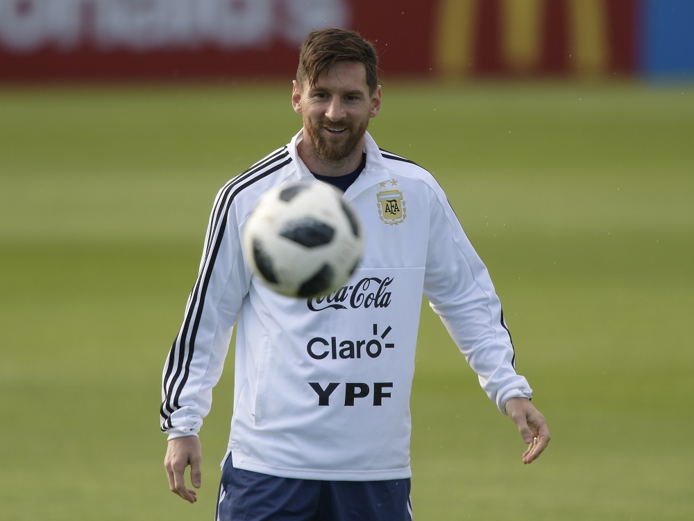 Argentina's forward Lionel Messi takes part in a training session at the team's base camp in Bronnitsy, near Moscow June 11, 2018. u00e2u20acu201d AFP pic 