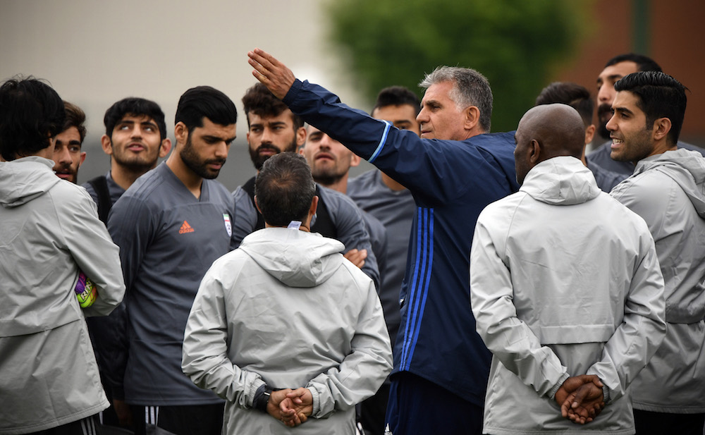Iranu00e2u20acu2122s Portuguese coach Carlos Queiroz gestures as he talks to his players a training session in Bakovka outside Moscow June 12, 2018, ahead of the Russia 2018 World Cup football tournament. u00e2u20acu201c AFP pic