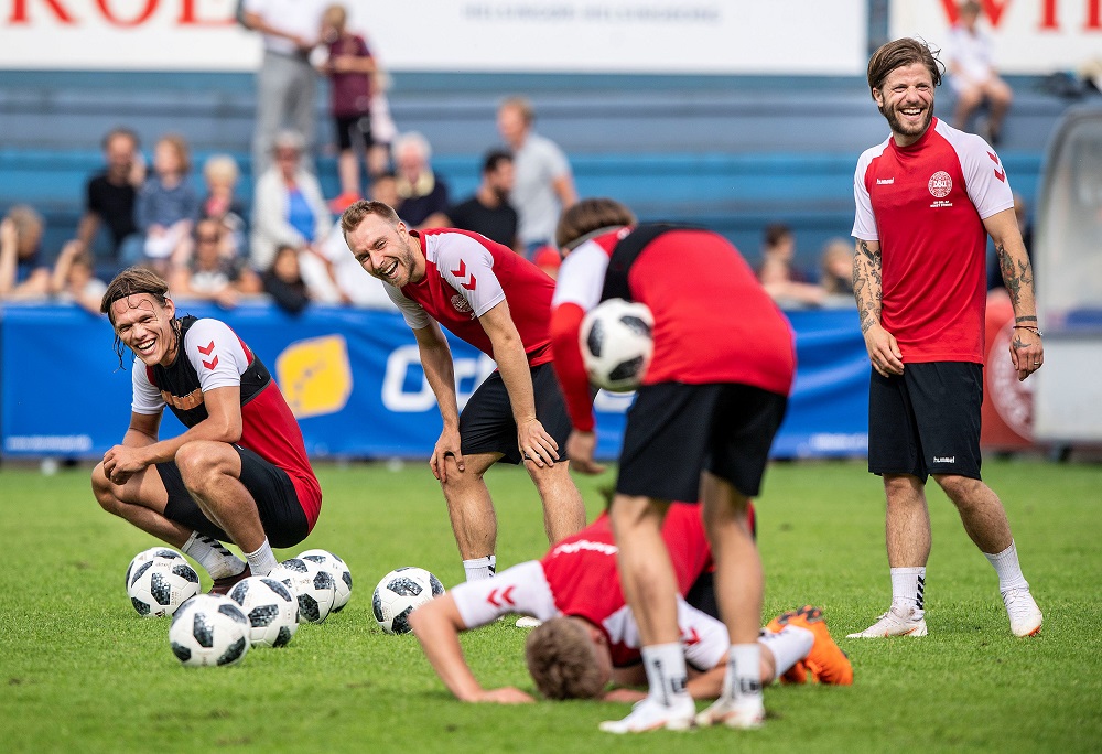 Jannik Vestergaard, Christian Eriksen and Lasse Schone attend the national soccer team training at Elsinore in Denmark May 28, 2018. u00e2u20acu201d Reuters pic