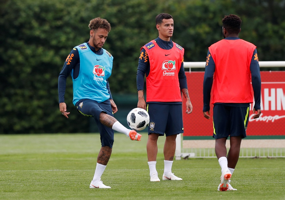 Brazilu00e2u20acu2122s Neymar and Coutinho during a training session in London May 30, 2018. u00e2u20acu201d Picture by Action Images via Reuters