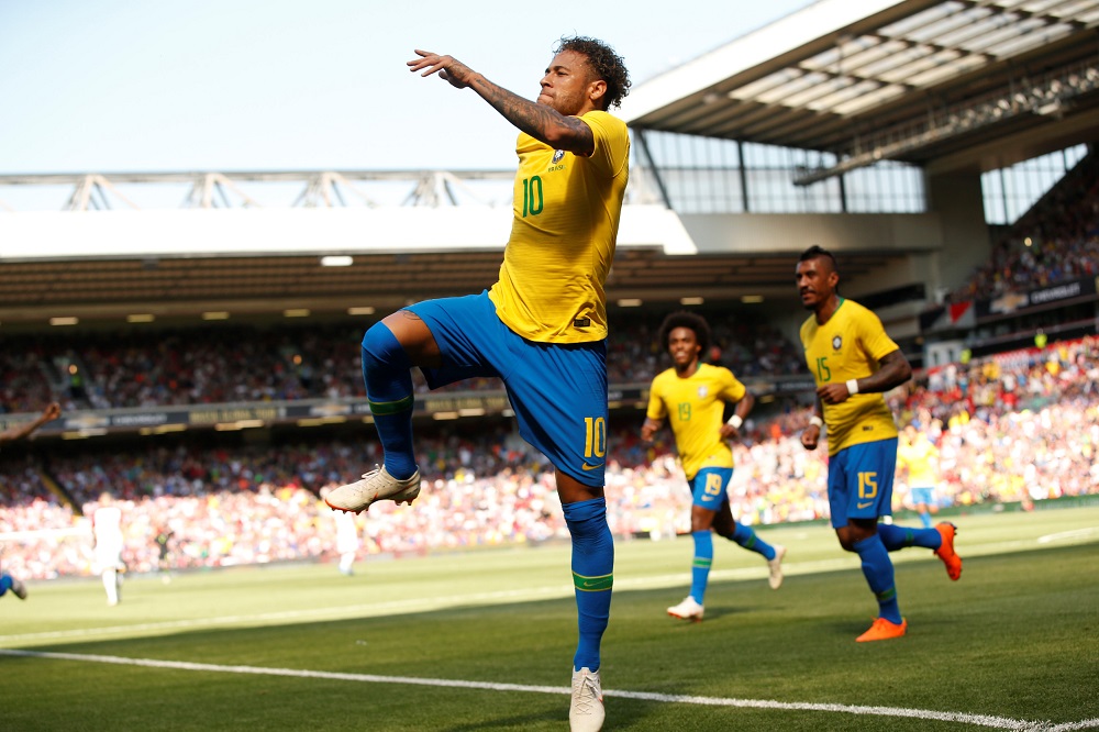 Brazil's Neymar celebrates scoring their first goal against Croatia in Liverpool June 3, 2018. u00e2u20acu201d Reuters pic