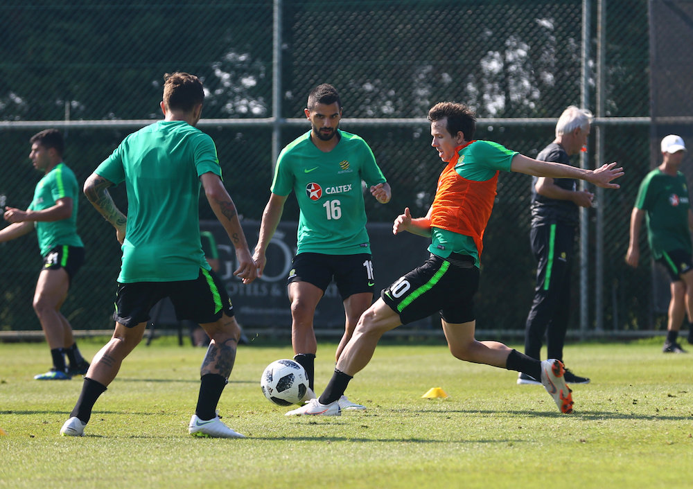 Australiau00e2u20acu2122s Aziz Behich and Robbie Kruse are seen during training in Antalya, Turkey June 3, 2018. u00e2u20acu201d Reuters pic