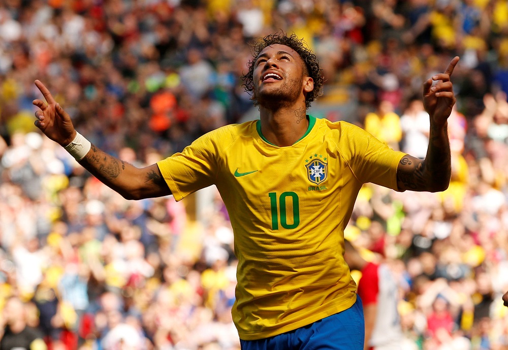 Brazil's Neymar celebrates scoring their first goal against Croatia in Liverpool June 3, 2018. u00e2u20acu201d Reuters pic