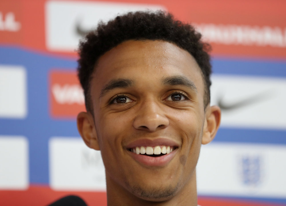 Englandu00e2u20acu2122s Trent Alexander-Arnold smiles during England Media Day for the 2018 Fifa World Cup in St Georgeu00e2u20acu2122s Park, Burton Upon Trent, June 5, 2018. u00e2u20acu201d Action Images pic via Reuters