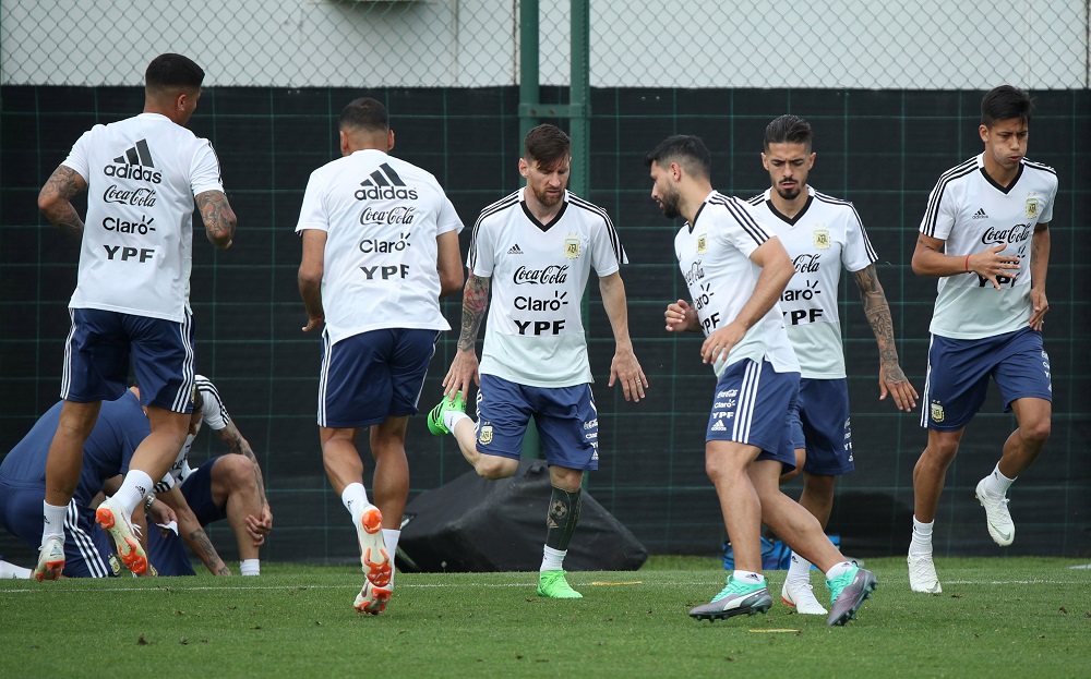 Argentinau00e2u20acu2122s Lionel Messi, Sergio Aguero and Manuel Lanzini during a training session in Barcelona June 6, 2018. u00e2u20acu201d Reuters pic 