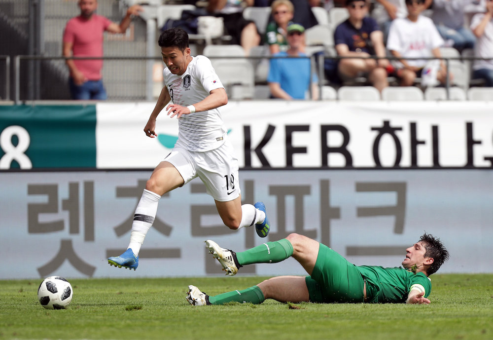 South Koreau00e2u20acu2122s Son Heung-Min in action with Boliviau00e2u20acu2122s Luis Haquin in the international friendly in Tivoli-Neu, Innsbruck, Austria June 7, 2018. u00e2u20acu201c Reuters pic
