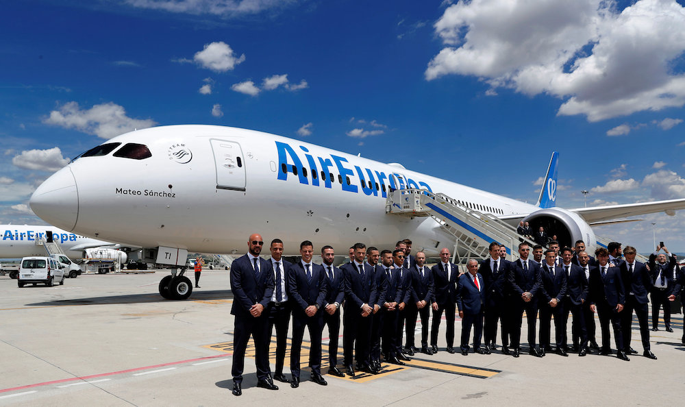Spainu00e2u20acu2122s national team pose before departure to Russia at Adolfo Suarez Madrid Barajas Airport in Madrid June 7, 2018. u00e2u20acu201d Reuters pic