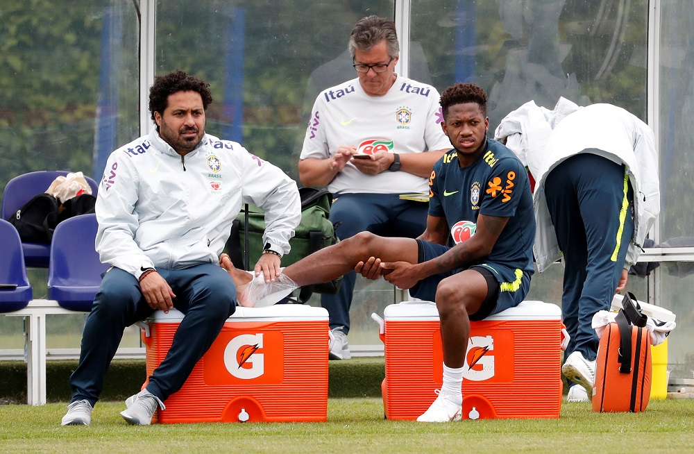 Brazil's Fred receives medical attention during a training session in London June 7, 2018. u00e2u20acu201d Picture by Action Images via Reuters