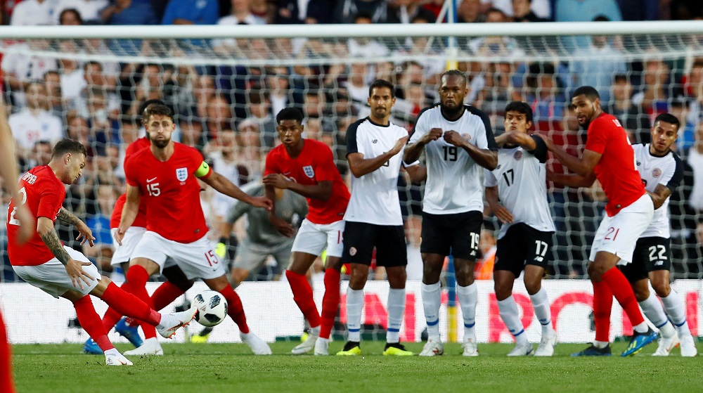 England's Kieran Trippier shoots at goal from a free kick during the match against Costa Rica in Leeds June 7, 2018. u00e2u20acu201d Picture by Action Images via Reuters 