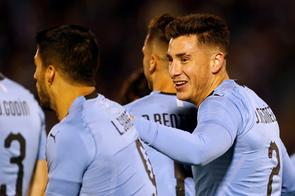 Uruguayu00e2u20acu2122s Jose Gimenez celebrates scoring their third goal with Luis Suarez in Montevideo, Uruguay June 7, 2018. u00e2u20acu201d Reuters pic 