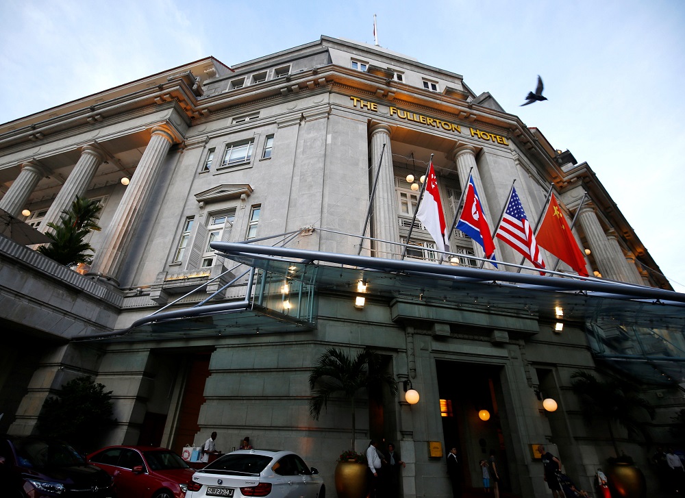 A North Korean flag is seen at the Fullerton Hotel in Singapore June 8, 2018. 