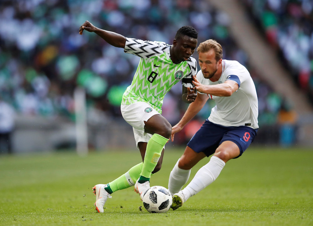 Englandu00e2u20acu2122s Harry Kane in action with Nigeriau00e2u20acu2122s Oghenekaro Etebo during their international friendly at Wembley Stadium in London June 2, 2018. u00e2u20acu201d Action Images pic via Reuters