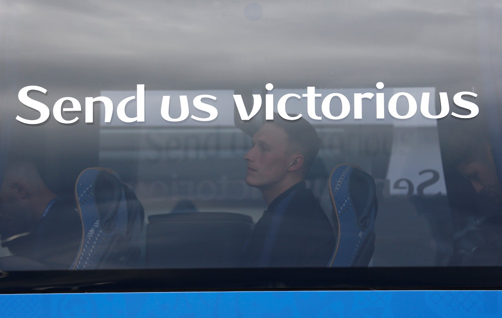 Englandu00e2u20acu2122s Phil Jones is seen on the team bus after arriving at Pulkovo Airport, Saint Petersburg June 12, 2018. u00e2u20acu201d Reuters pic