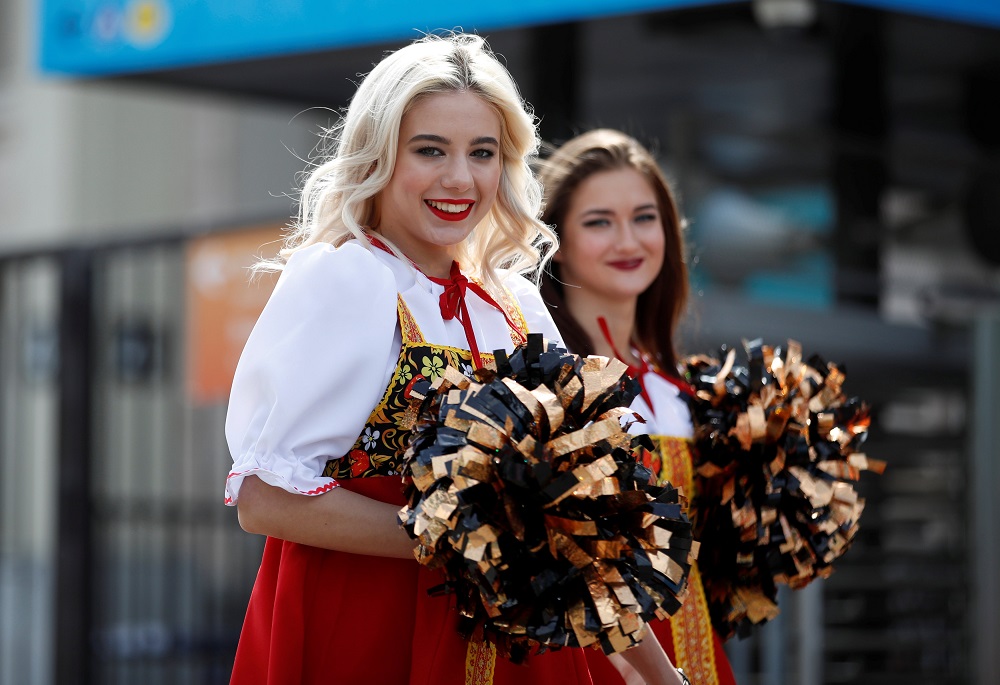 Cheerleaders in traditional dresses outside the stadium before the match between Russia and Saudi Arabia in Moscow June 14, 2018. u00e2u20acu201d Reuters pic