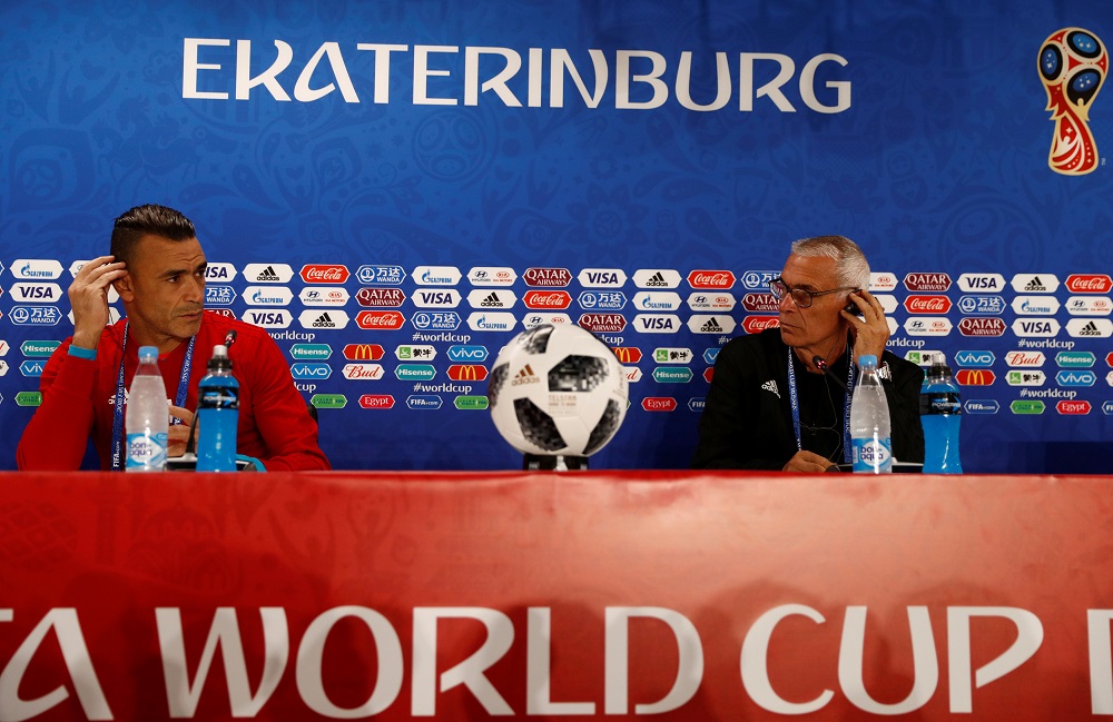 Egypt coach Hector Cuper and Essam El-Hadary during a press conference in Yekaterinburg, Russia June 14, 2018. u00e2u20acu201d Reuters pic